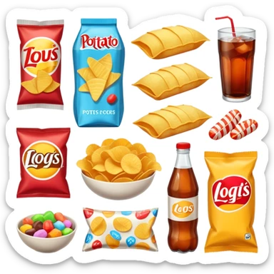 group of various processed foods together including potato chips, soft drinks, snacks, candies, and packaged snacks isolated on white background sticker