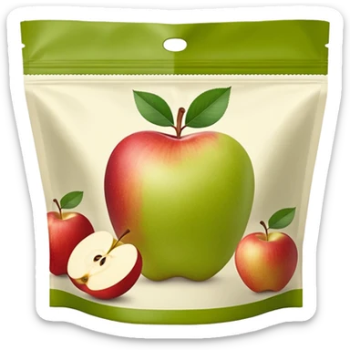 Ein weicher, bunter Standbeutel für Kinder, gefüllt mit püriertem Obstmus. Oben hat er einen kleinen wiederverschließbaren Schraubverschluss, aus dem Kinder direkt trinken oder saugen. Verpackung wie Babynahrung-Beutel aus dem Supermarkt, mit fröhlichem Obst-Design (Apfel, Banane, Erdbeere). sticker