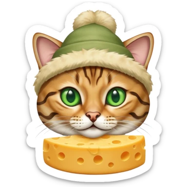 Sliver bengal cat with green eyes wearing a cheese hat sticker