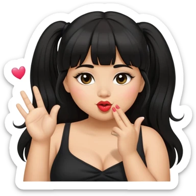 Latina girl with bangs black long hair in pony tail plus size black dress blowing kiss sticker