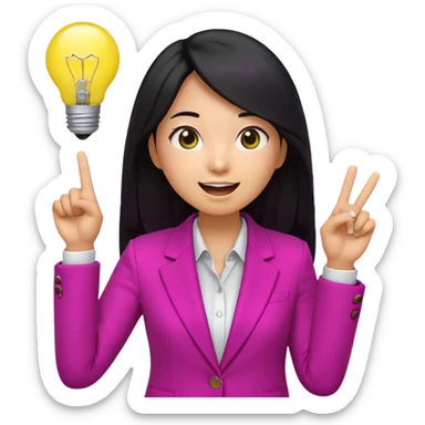 Cute 3D emoji of a Korean woman in a magenta blazer, long black hair and big brown eyes, with a light bulb above her head, excited expression, finger pointing up, solid lemon yellow background. sticker