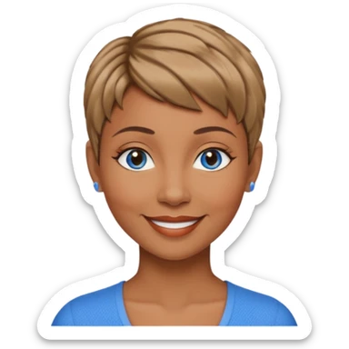 Frau, braun mit dunkelblonden spitzen, kurzhaarfrisur Pixie schnitt, blaue Augen, mittleres alter sticker