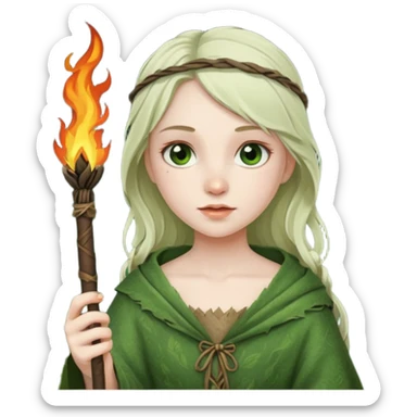 ancient european girl, tattered leaf green cloth, hold fire stick sticker