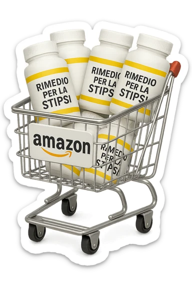 emoji stile iphone di un carrello per la spesa con l'icona di amazon stampata sopra, dentro al carretto ci sono varie boccette di integratori con la scritta "RIMEDIO PER LA STIPSI", iperrealistico 4k sticker