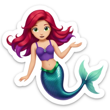 Disney Ariel mermaid with red hair swimming, green fish tail, purple top sticker