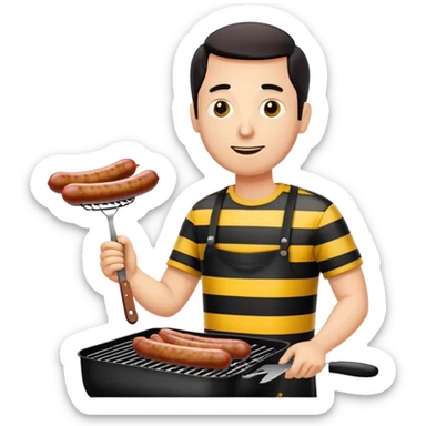 guy in black and yellow horizontal striped shirt grilling sausages sticker