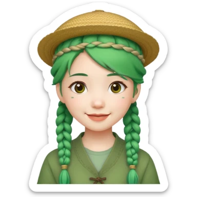 chinese girl green haired with braids an hat sticker