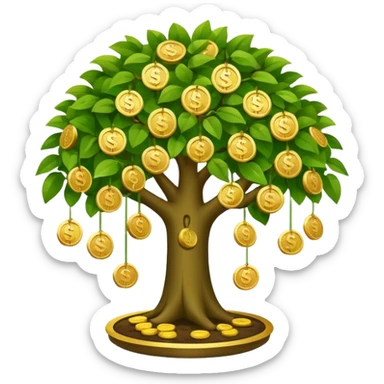 Apple-style money tree (not so mush coins), round soft green canopy.
No pot, no ground — only the tree.
Small gold coins as fruits inside the leaves (not below).
Flat 2D vector, clean shapes, no gradients.
Dark near-black background, premium fintech icon. sticker