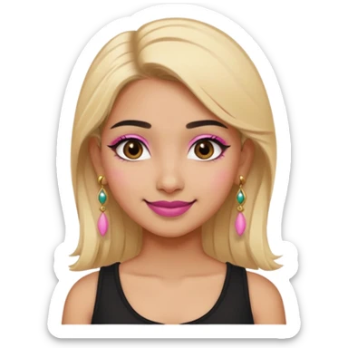 Sweet Indian girl blond hair black eyes brown/pink lipstick pink blush black top gold earrings brown eyebrows  sticker