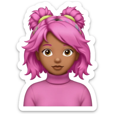 brown fluffy haired girl with pink turtleneck sweater and pink hair band sticker