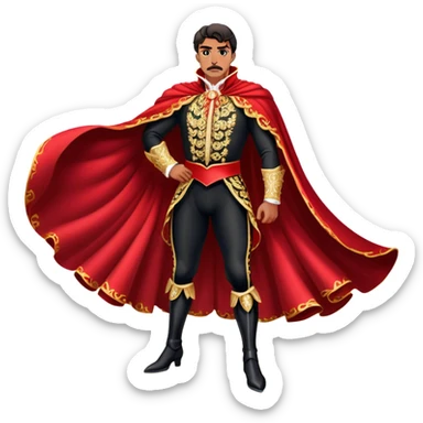 Spanish Matador – Cinematic Realistic Spanish Matador, portrayed in an ornate traje de luces with a flowing red cape, standing poised in a classic bullring with swirling dust and dramatic light, his intense expression and elegant stance capturing both bravery and artistry. sticker