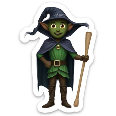 Elf dark sorcerer with a crescent moon hat, holding a bat, Halloween theme, emoji sticker
