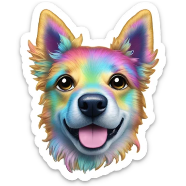 Multicolored rainbow retro groovy tie dye hippie trippy floral patterns on a metallic holographic iridescent blue dog face head unicorn sticker
