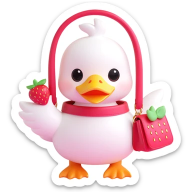 cute white duck with a strawberry-shaped shoulder bag, kawaii 3D style, pastel colors, big shiny eyes, soft lighting, iOS 18, duck waving sticker