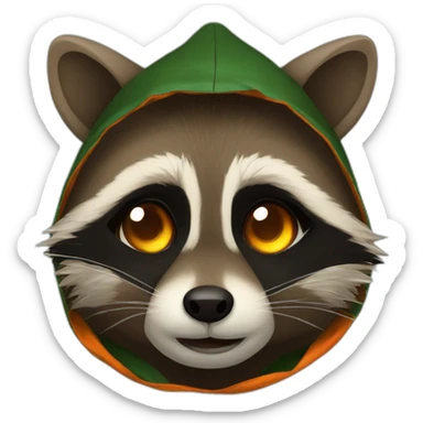brown raccoon with orange eyes and a dark green hood that is crying sticker