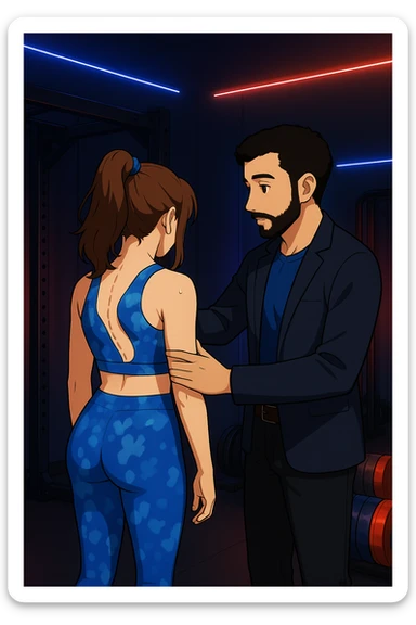 ispirati a questo stile di disegno e fai questa immagine in versione manga/webtoon a colori, il manga mostra la donna di spalle, mentre l'uomo le tocca la spina dorsale per spiegarle come funziona la scoliosi:
Con una scoliosi il baricentro corporeo cade maggiormente da un lato; per non cadere la schiena compensa accumulando tensione sul fianco opposto.
Il risultato? Si inclina e ruota sempre più, fino a che non cede (discopatie, artrosi, ecc) sticker