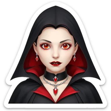 vampire village woman portrait, head and shoulders only, dark gothic cloak collar, sharp fangs, red glowing eyes, elegant yet eerie expression, subtle jewelry, 3D cartoon, mobile game icon style, clean background, no text, no watermark sticker
