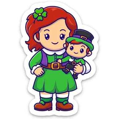 girl with red hair and brown eyes with a leprechaun sticker