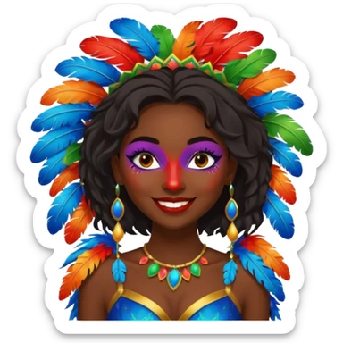 i need the same girl in "dark skin girl, dark red lipstick, nails very beautiful" to be smiling in "carnival mas costume, blue, green and orange preferably, full costume feathers at the back" she is to be smiling, hair should be dark shoulder length, black nail polish on her fingers  sticker