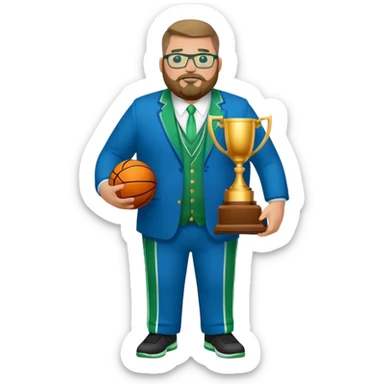 full body white obese male basketball coach with trophy. Goatee beard , Wearing glasses and blue and green suit sticker