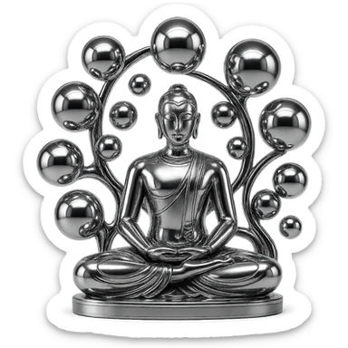 abstract chrome composition with a meditating figure and multiple radiant spheres of varying sizes, polished and harmonious sticker