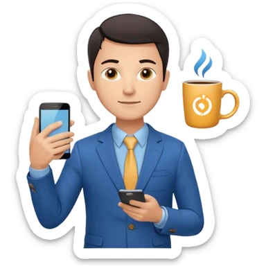 Confident male entrepreneur, short dark hair, slight smile, blue blazer over light blue shirt, holding a smartphone with a chart in one hand and a coffee cup in the other, front-facing, half-body sticker