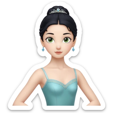 Cinematic Realistic ballerina Medium Blue Portrait, depicted with lifelike skin texture, subtle rosy undertones, and soft natural lighting that enhances the gentle contours of her face. Her intricately detailed sweet black hair is elegantly styled, green eyes sticker
