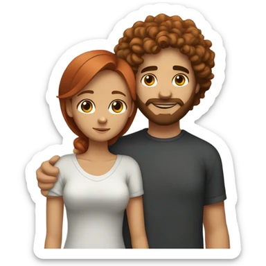 A conflicted girl with red hair, dark brown eyes hugging a light complected guy with a beard and curly hair and light brown eyes  sticker