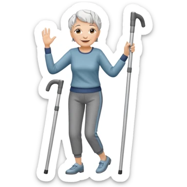 elderly woman with pants short grey hair dancing with crutches                     and with a sorry look sticker