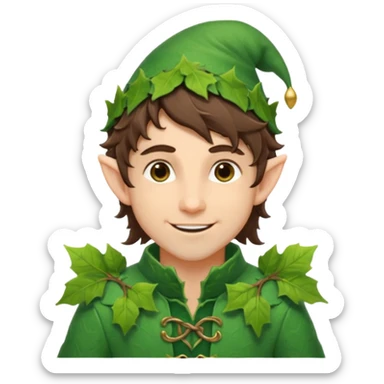 handsome elf with messy brunette hair wearing a leafy outfit and smile confidently sticker