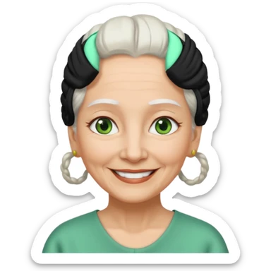 abuela con ojos verdes, pelo blanco, pelo blanco y amarrado, aspecto feliz sticker
