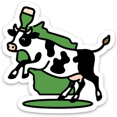 Change the cow on the simplified New Glarus Spotted Cow beer label to black and white, keep the cow jumping over the state of Wisconsin, green and white colors, no background. sticker