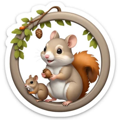Icon for Rodents: A vibrant collage featuring a playful hamster in a wheel, a fluffy gray mouse with large ears, and a cheeky squirrel holding an acorn. Background with scattered seeds and tree branches. Transparent background. sticker
