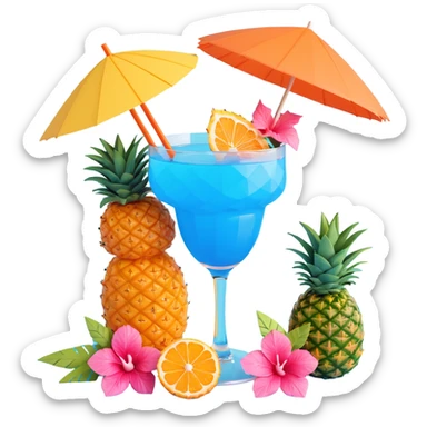 blue tropical cocktail with hibiscus, pineapple, and tiny pastel paper umbrella garnishes sticker