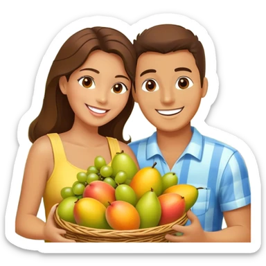 A happy couple (man and woman) sitting together, enjoying fresh fruits from a basket. The basket is filled with mangoes, grapes, oranges, and a pineapple. The couple is smiling and eating fruit, creating a warm and joyful atmosphere. The scene is colorful and vibrant, representing freshness and nature sticker