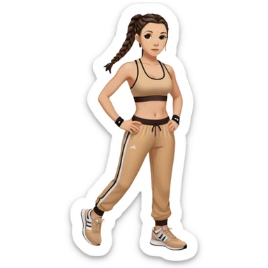 Melanie chisholm with two dark brown french braids, wearing a sports bra and track pants with sneakers sticker