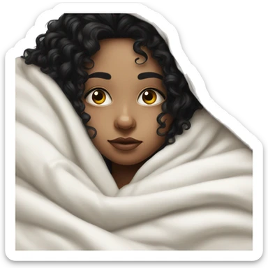Pale girl with black hair curly laying down cozy in a white blanket  sticker