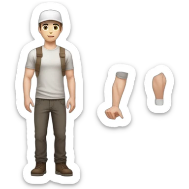 Pale skinned fit Man with dark brown hair in a light gray cap, dark brown jeans, brown polo and white T-shirt keeping a pasted with tape white box into his hands sticker