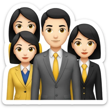 4 people, two man and two women,yellow skin office style,black hair, Half-body photo sticker