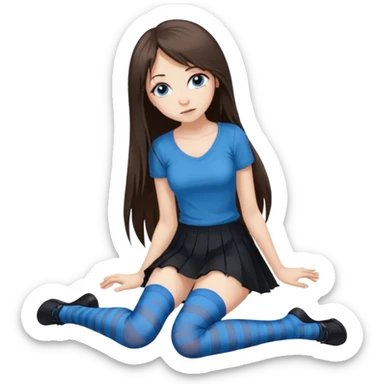 brunette buxom super long hair blue eyes full body Front view emo girl sits on the floor black skirt torn striped stockings sticker
