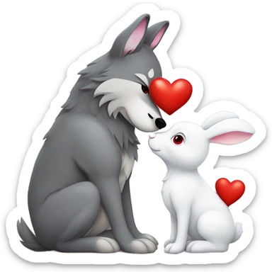 Old big Wolf kisses a white little Bunny who has pink ears, with big red heart between them sticker