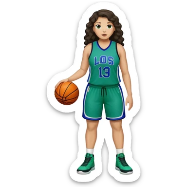 full body plus size light skin latino women basketball player with wavy dark hair wearing blue and green uniform sticker