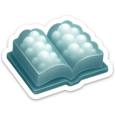 thick open book with pages made of small very bright white fluffy convex clouds, matte glass style sticker