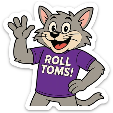 Make Tommie the Tomcat look more cartoonish, waving and looking energetic, keeping the purple t-shirt with 'Roll Toms!' text, no background. sticker