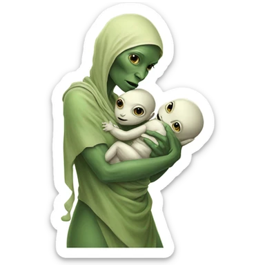  Reptilian alien woman , full body,  holds a newborn white humman baby sticker