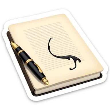 Create a vibrant emoji representing prose writing. The design should feature a classic fountain pen or quill in black, with black ink flowing from it onto an open notebook or paper. The ink should have a smooth, flowing effect to evoke creativity and storytelling. Use warm, earthy tones like brown, gold, and cream for the background elements. The emoji should convey literary elegance and artistic expression. Make the background transparent. sticker