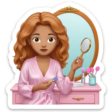 Mixed-race woman with caramel skin, wearing a white satin nightgown, brushing her hair in front of a pastel pink vanity sticker