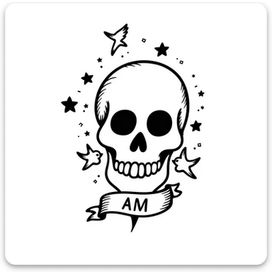 Old school Americana tattoo skull with nautical stars and swallows sticker