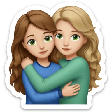 make me and my best friend togheter i have shoulder-lenght brown hair and light brown eyes and she has really long wavy hair blonde/brown hair and green/blue eyes we are hugging or taking a selfie  sticker