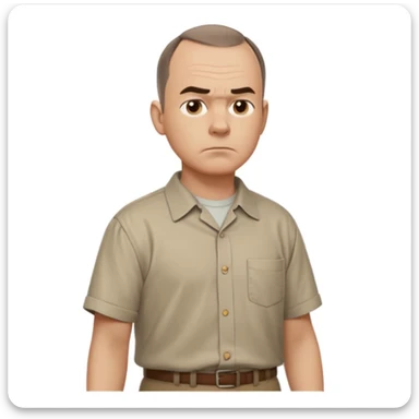 Carl from Sling Blade, serious expression, recognizable features, neutral background, full body, chin sticking out, slouching posture, no glasses, shirt with collar,  side view, the 4th image is good. show his entire body, he is standing. we see him from the side. Not frontal view. Side view sticker